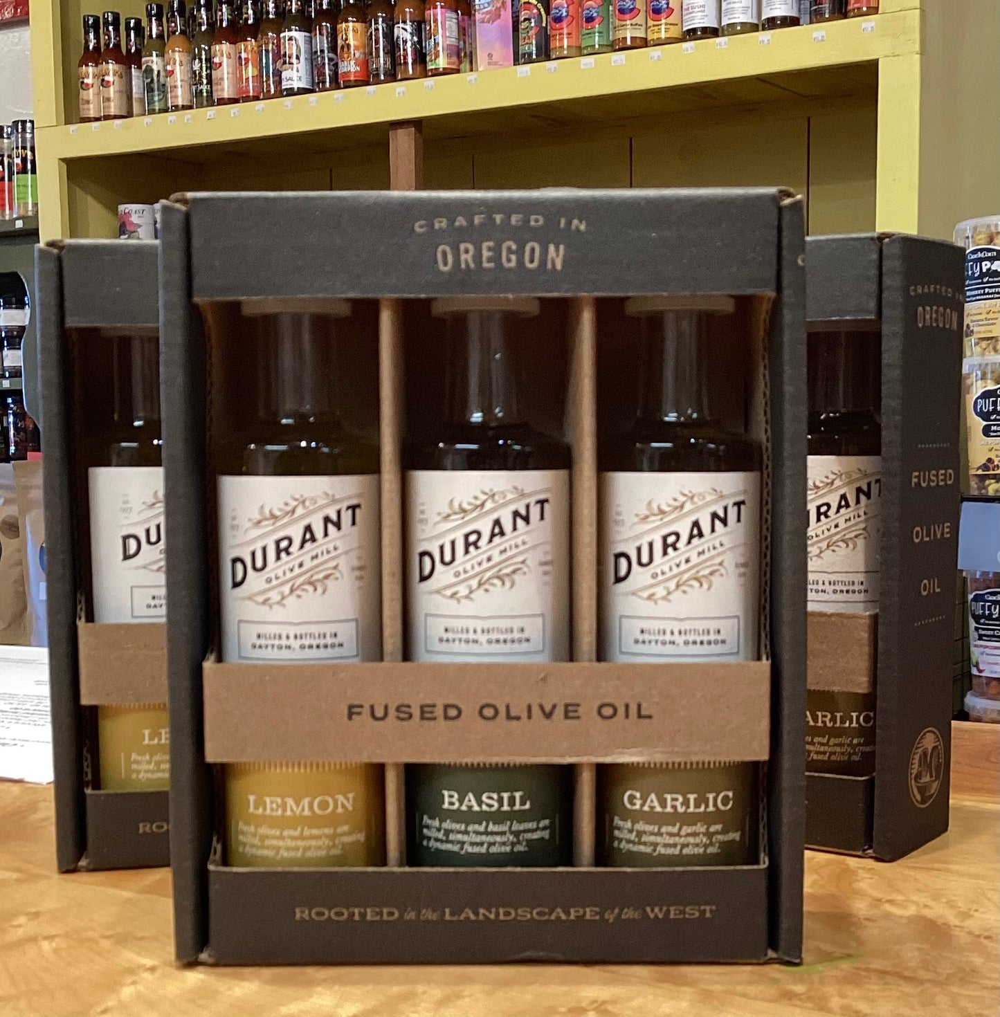 DURANT’S Infused Olive Oil Trio Box: Lemon. Basil, Garlic