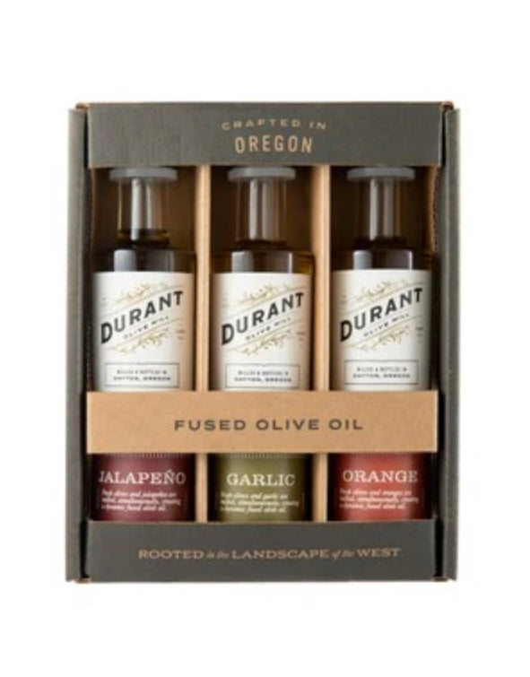 DURANT’S Infused Olive Oil Trio Box: Jalapeño, Garlic, Orange